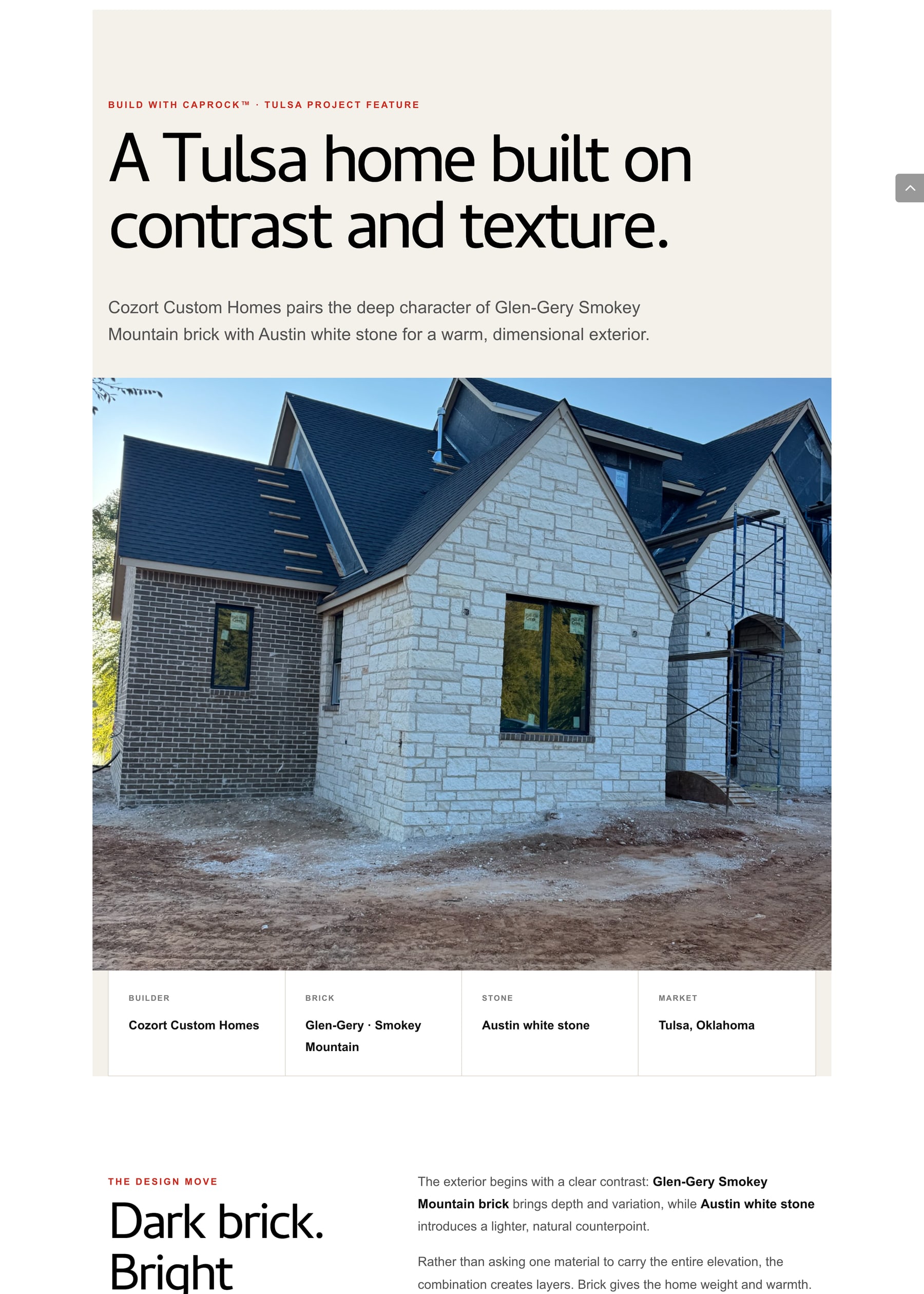 Build with Caprock featured-project interface showing a Tulsa home, builder and manufacturer spotlight, material details, and project actions.